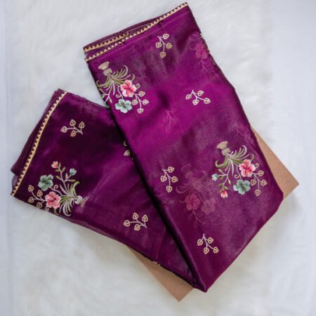 Wine Purple Saree with Pastel Floral Embroidery - Paper tissue