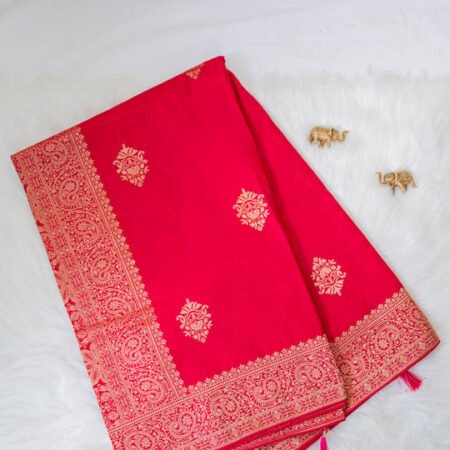 Crimson Red Silk Blend Jacquard Saree with Gold Zari Butta and Rich Border - Pure soft silk