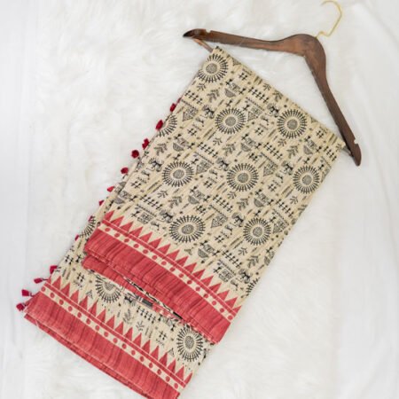 Beige Warli art printed cotton saree with maroon contrast border