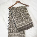 Grey Hand block print cotton saree with Floral Motifs & Tassel pallu