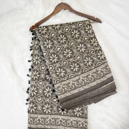 Grey Hand block print cotton saree with Floral Motifs & Tassel pallu