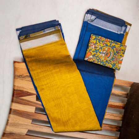 Mangala Giri Blue saree with mustard contrast Pallu