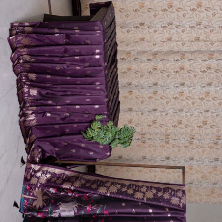 Royal Purple Silk-Blend Saree with Gold Floral Motifs