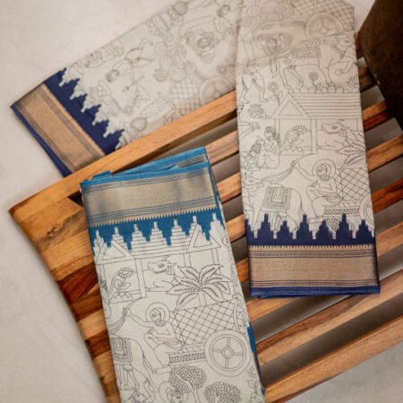 Hand-Illustrated Semi Cotton Saree with Traditional Motif Border