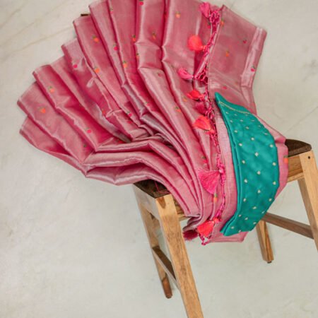 Linen Saree with Floral Buti Embroidery and Tassel Pallu with Contrast Blouse