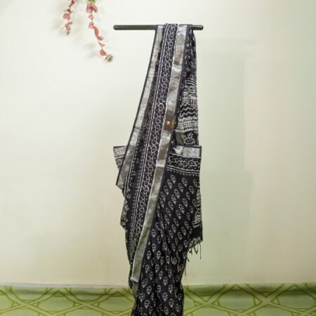 Black Mul Cotton Printed Saree with Silver Border
