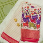 Elegant Ivory Mysore Silk Saree with Traditional Animal & Floral Kalamkari Print