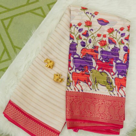 Elegant Ivory Mysore Silk Saree with Traditional Animal & Floral Kalamkari Print