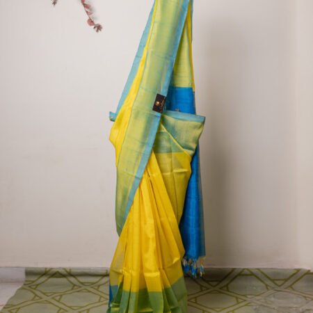 Sunlit Yellow Mangala Giri Pattu Handloom Saree with Blue Contrast Pallu
