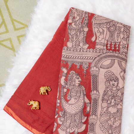 Rust Red Pure Kota Saree with Traditional Kalamkari-Inspired Temple Motif Print