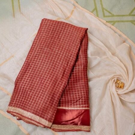 Maroon Viscose Georgette Saree with Classic Checkered Design and Subtle Zari Border