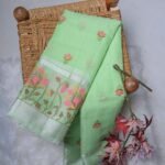Pista Green Kota Cotton Saree With Floral Embroidery