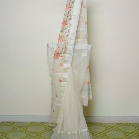 White Kota Cotton Saree with Floral Embroidery