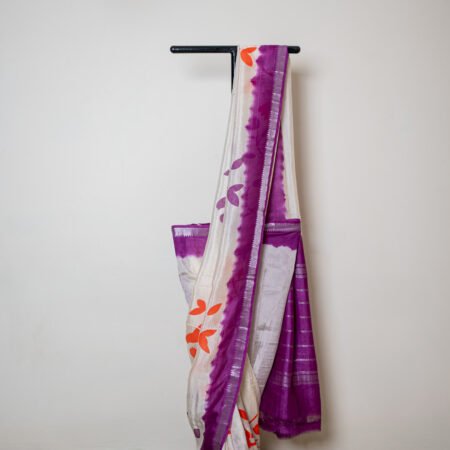Mangala Giri Spray Print Pattu Saree with Artistic Bird Motifs – White & Purple Elegance