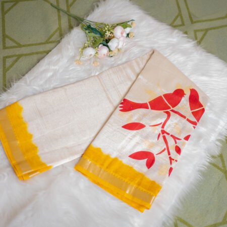 Mangala Giri Spray Print Pattu Saree with Artistic Bird Motifs – White & Yellow Elegance