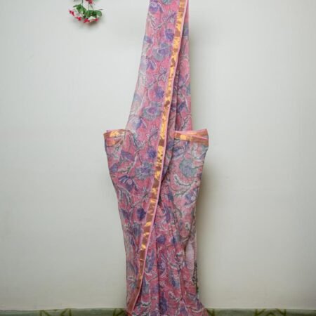 Elegant Pink Floral Jaipur Kota Doria Saree | Lightweight Handcrafted Printed Saree with Zari Border